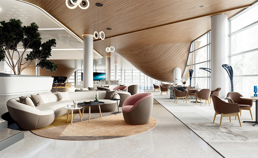 Кресло для отдыха красного цвета и диван для отдыха с обивкой кремового цвета рядом с журнальным столиком из орехового дерева в холле.